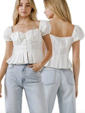 Endless Rose Cotton Corset-Style Short Puff-Sleeves Pleated-Hem Top (White)